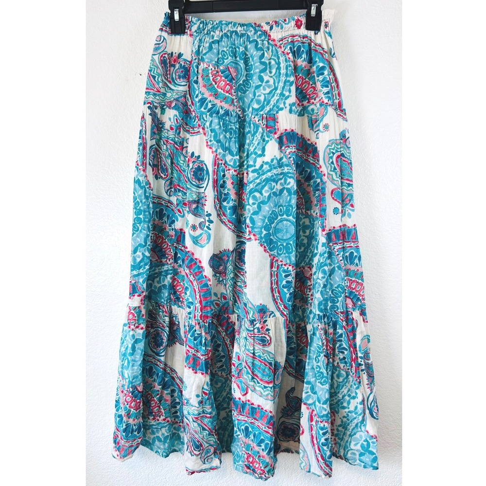 Roxy Beach Surfer Paisley Tiered Maxi Skirt Blue Pink Cotton Festival Boho XS